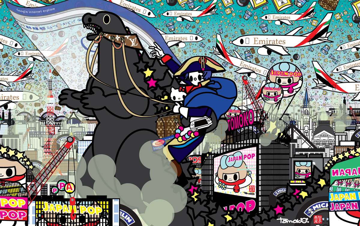 Napoleon Bonaparte with Godzilla, Louis Vuitton, Chanel, Michelin, Danone, Emirates, Kitty, Barilla, PSP, the Louvre, Fukushima, Shibuya, Tokyo tower, Mt Fuji and Google.